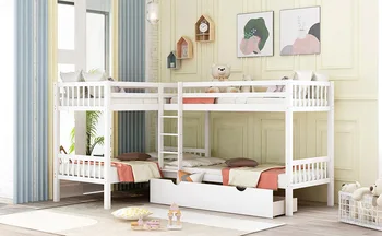 

L-Shaped Bunk Bed with Trundle Simple and Fresh Style Bunk Wood Bed Bunk Bed High Quality American Style Solid Designs Furniture