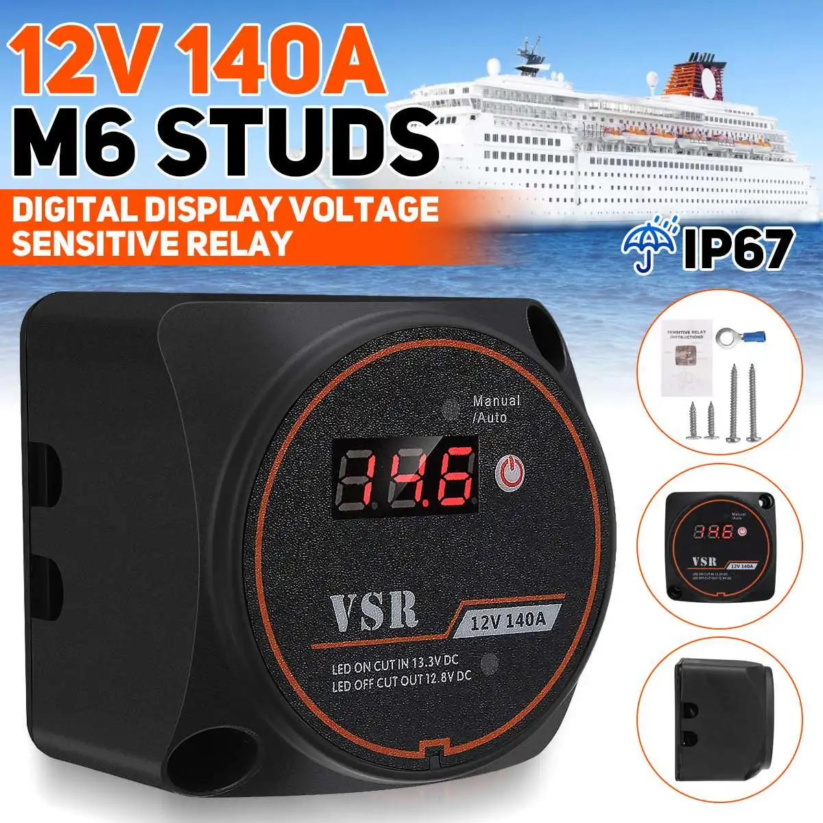 Automotive Relay Dual Battery Digital Display Isolator Relay Protection Voltage Sensitive Split Charge 12V 140A for Camper Car RV Yacht Steamer