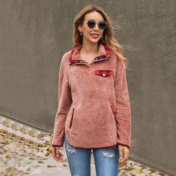 

Women Pullovers Plaid Print Matching Lapel Long Sleeve Pocket Tops Button Casual Warm Winter Autumn Loose SweatshirtY2