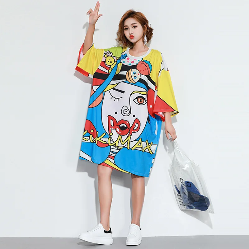 

2019 xia ou And American Style 200 Slimming Loose And Plus-sized WOMEN'S Dress Printed T-shirt Dress