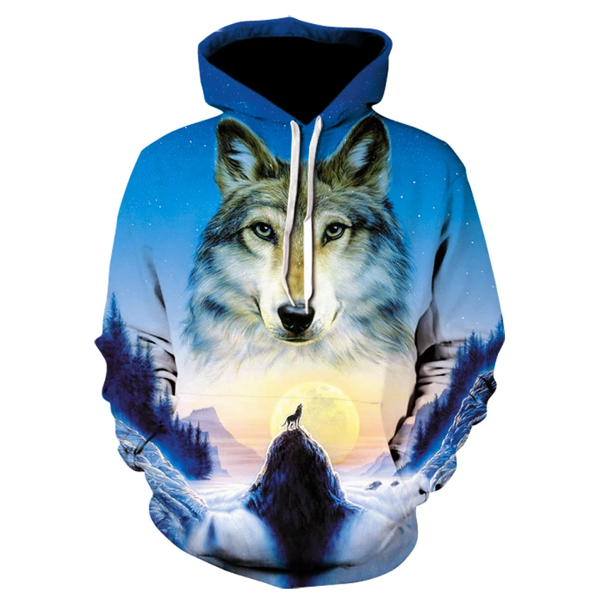 

2019 brand menswear printed Wolf print hoodie fashion men's/women's 3D long-sleeved hip hop hoodie