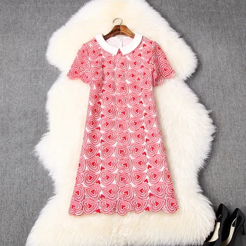 

HIGH STREET Newest 2020 Designer Runway Dress Women's Short sleeve Peter Pan Collar Heart Embroidery Dress