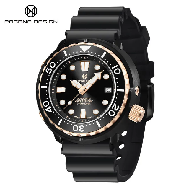 PAGRNE DESIGN Men's 45MM Large Dial Automatic Watch Diver 300M Waterproof Sports Clock Classic Luxury Mechanical Wristwatch Men 