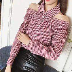 Блузка Женская Сексуальная Блузка Холтер с открытыми плечами с длинным рукавом Клетчатый Воротник красная блузка рубашка