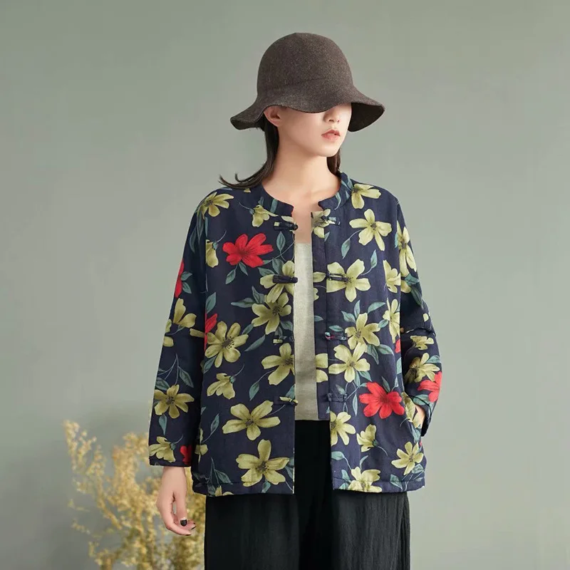 

2019 Autumn And Winter New Style Ethnic-Style Printed Cotton-padded Clothes Women's Vintage Literature And Art Stand Collar Loos