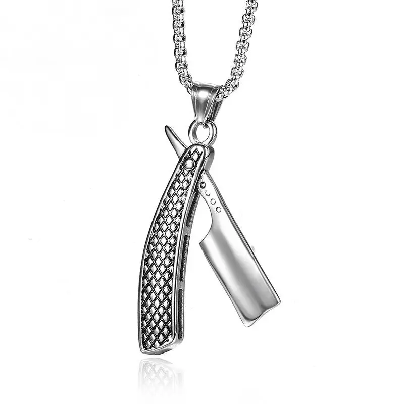 2021 New Fashion Trend Personality Men's Necklace Barber Razor Gold