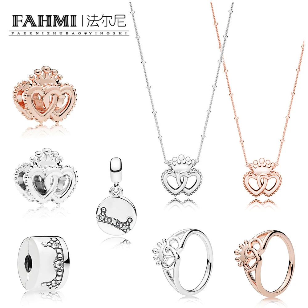 

FAHMI 100% 925 Sterling Silver ROSE INTERLOCKED CROWNED HEARTS RING NECKLACE Beading CHARM DAZZLING CROWN ESSENCE CHARM CLIP