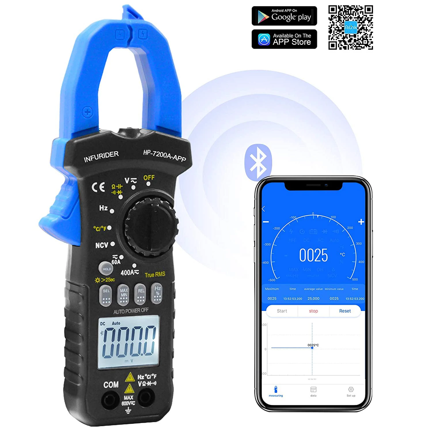 Multimeterdc/Ac True Rms Continuità Buzzer Meter Senza Fili Bluetooth Clamp Meter Hp-7200App 6000 Count Auto Range Bluetooth Clamp Multimeterdc/Ac