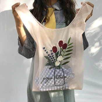 

Summer Women Transparent Tote Organza Yarn Cloth Beach Bag Embroidery Handbag High Quality Eco Clear Hand Bags Purse For Girls