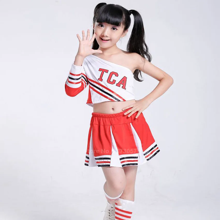 100-170cm Kids Girls Cheerleader Costumes Shoulder Off Vest+ Skirt Student Boys School Uniform Cheerleading Dance Performance