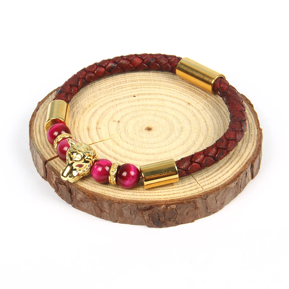Ailatu New Pink Cz Eye Panther Bracelets Stainless Steel Clasp Red Cowhide Leather Leopard Bracelet Top Quality