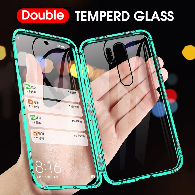 

Double Sided Tempered Glass Case For Xiaomi Redmi Note 8 7 Pro K20 9T Metal Magnetic Adsorption 360 Full Protection Flip Cover