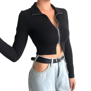 

Female Solid Slim Short Women Coat Women Long Sleeve Turn-down Collar Sexy Zipper Jacket
