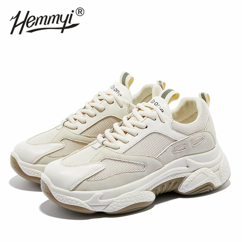 Hemmyi Chunky Sneakers Women 6CM Increased Thick Bottom Platform Women Casual Shoes Breathable Mesh Shoes Woman Beige