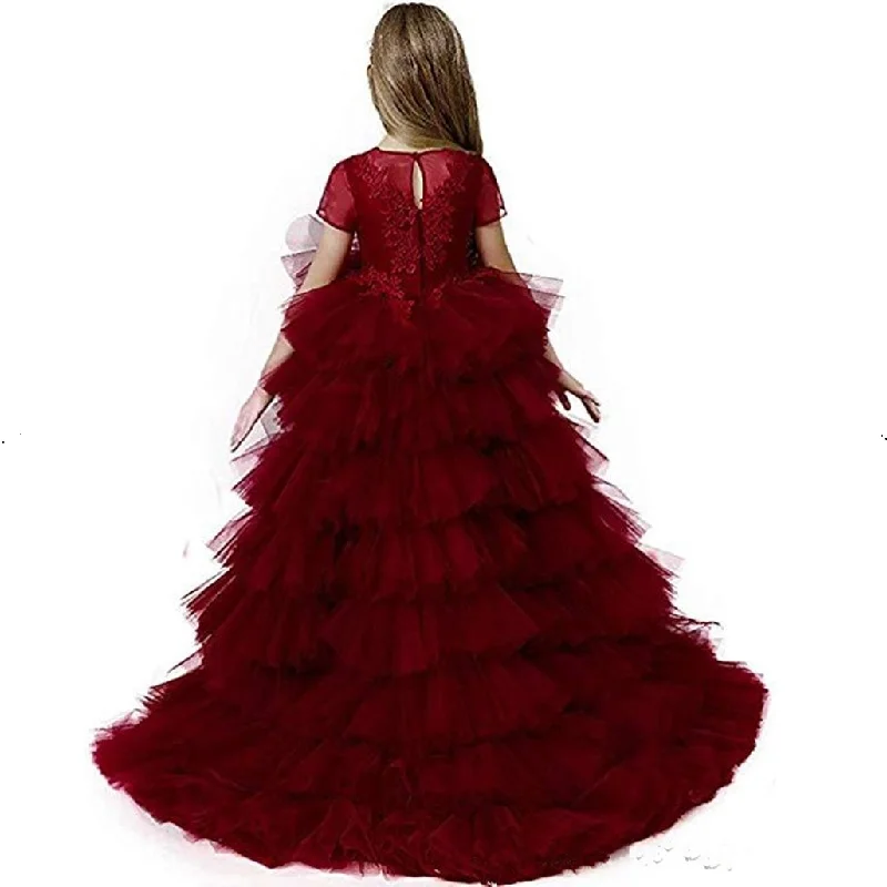 

Gorgeous Red High Low Girls Pageant Gowns Lace Tiered Flower Girl Dress for Wedding Puffy Tulle Kids Communion Gowns