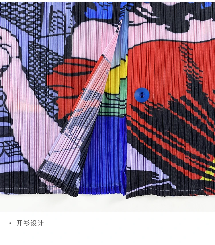Miyake Pleated Two Piece Set Romantic Creativity Fashion Jacket Shirt Women Designer Art Hand Painted Coat Sleeveless Vest Dress