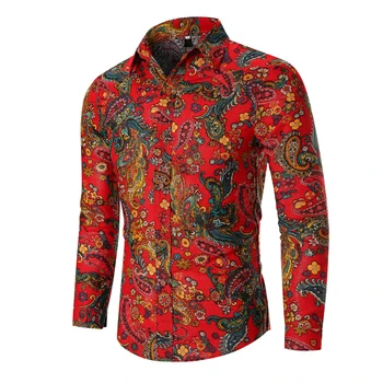 

Social Shirt For Men Linen Flower Hawaiian Style Luxury Mens Dress Shirts Long Sleeve Male Blouse leisure Red Black New