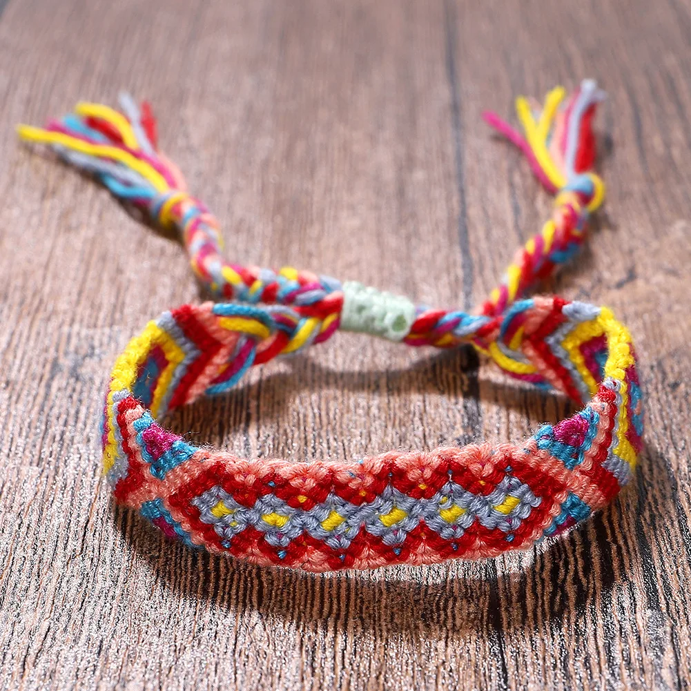 Цветной браслет из хлопчатобумажной ткани, контрастный цвет, иностранный этнический узор, браслет с узлом на лодыжке, ручной работы, плетеный браслет из веревки для женщин