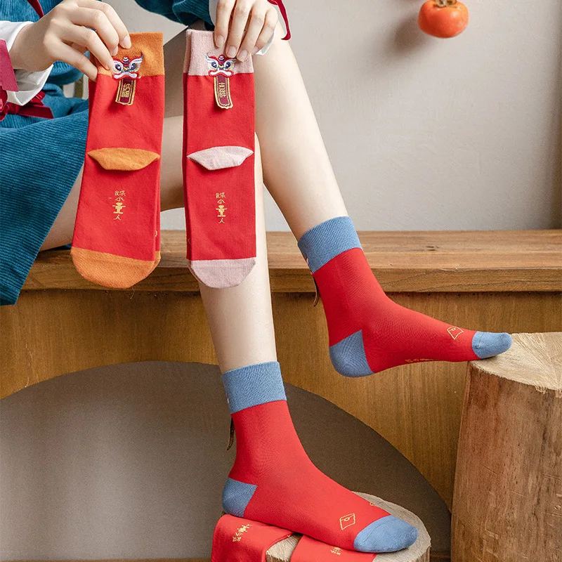 New Year Chinese cotton socks women men's red lucky funny socks ankle printing stockings new year home furnishing