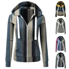 

Winter Zipper Autumn Top Women Casual Sweatshirt Drawstring Hooded Tops Long Sleeve New Women's Colorblock Striped Outwear Jacke
