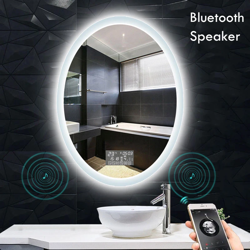 Oval Shape Smart Makeup Bathroom Mirror 3 Color Adjustable LED LIght Multifunction With Bluetooth Speaker For Bedroom Decoration