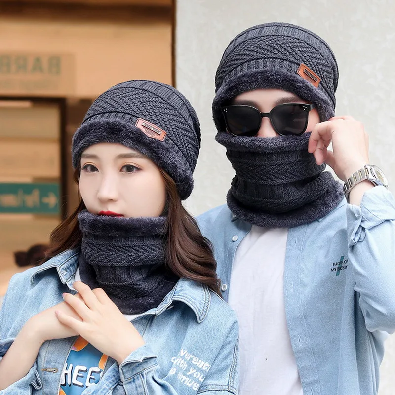 Unisex Beanies Hat Ring Scarf Gloves Set Winter Knitted Thick Warm  Women Men Solid Retro Beanie Hat Soft Touch Screen Gloves