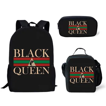

African Black Queen Print Girls Backpack with Lunch Bag and Pencil Case Kids 3pcs Bookbags Customize School Bag Set