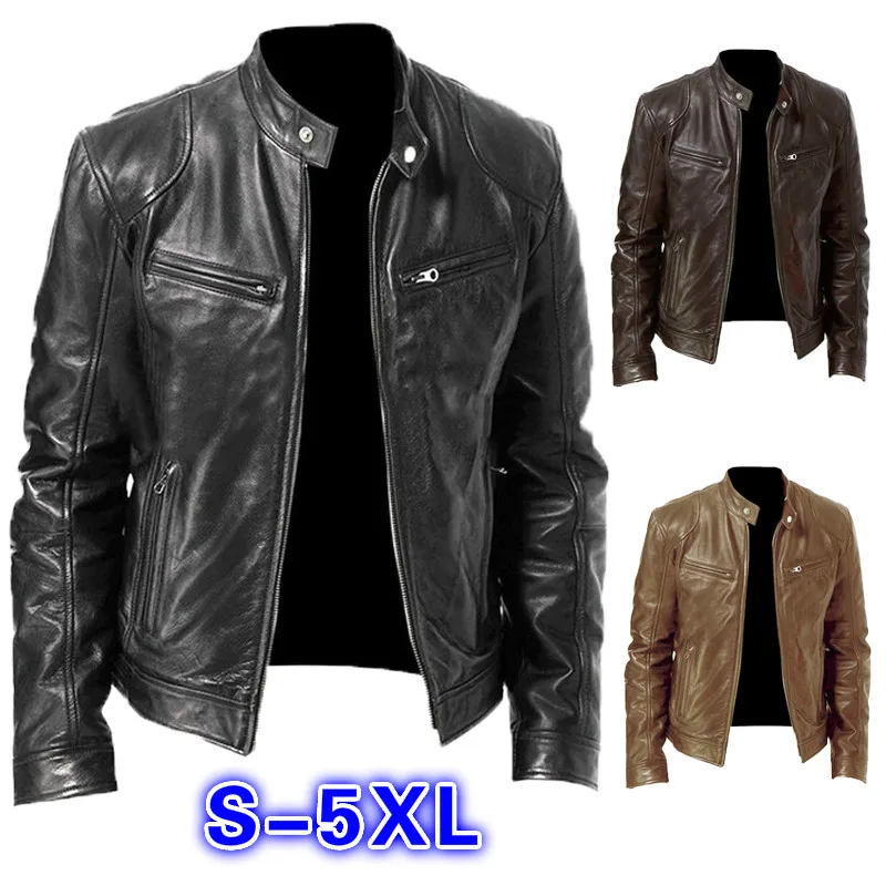 Goedkoop Mannen Pu Leren Jas Winter Vintage Zwarte Rits Mannelijke Motorcycle Bomber Jacket Streetwear Pocket Stand Kraag Mannen Leren Jas