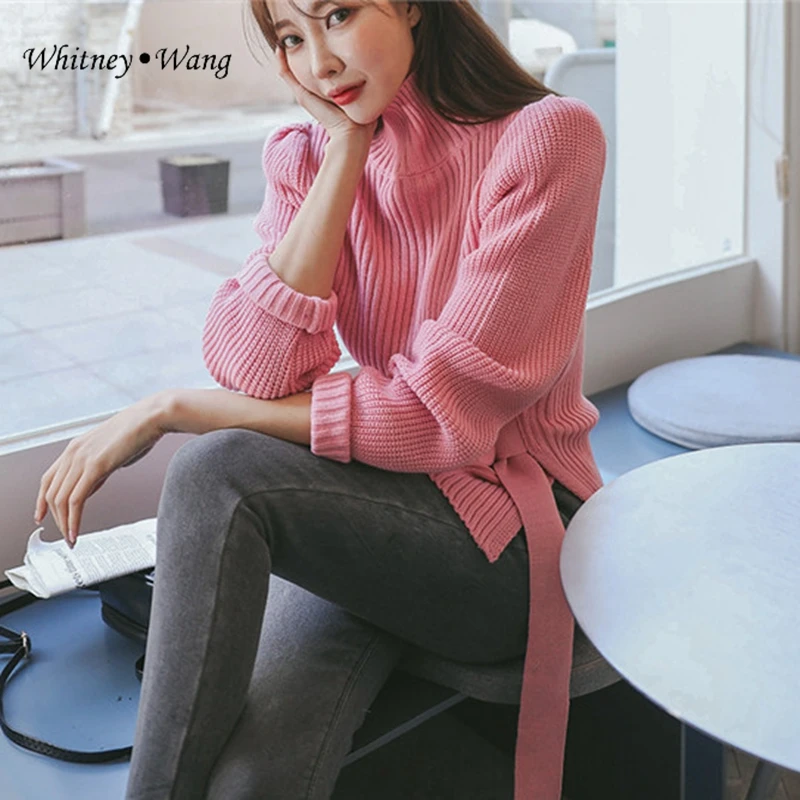 WHITNEY WANG/ осенне-зимний модный уличная одежда в Корейском стиле, свитер с разрезом по подолу и поясом женский джемпер sueter mujer invierno