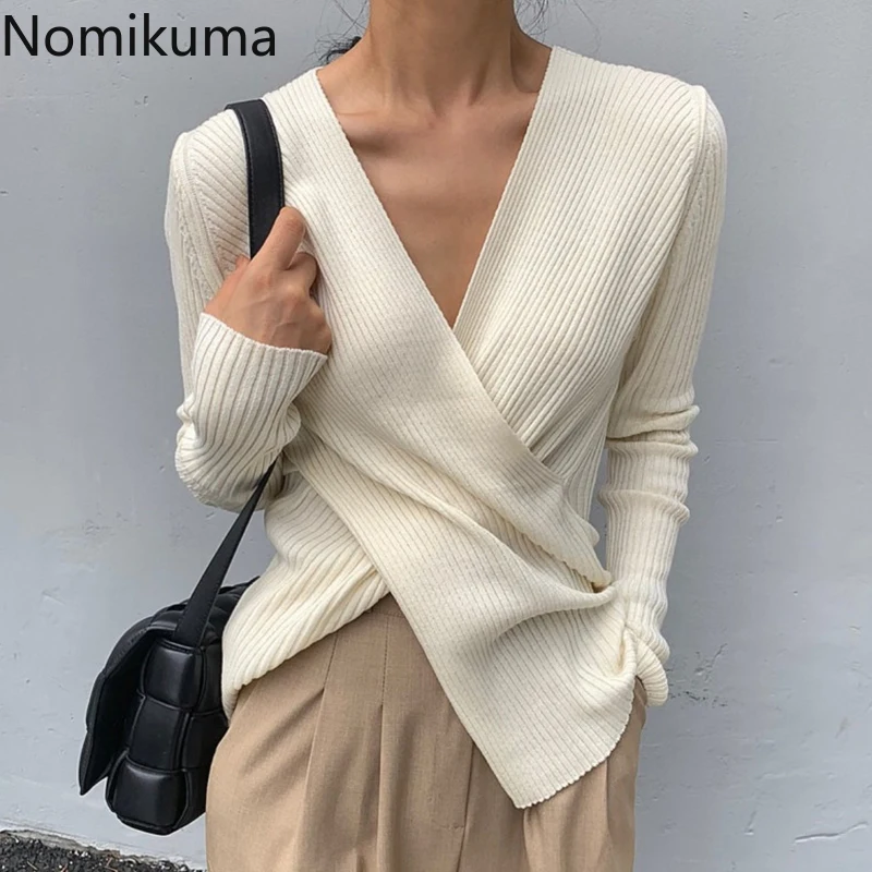 Nomikuma Korean Chic Autumn Women Knitwear V-neck Cross Slim Long Sleeve Knitted Tops Solid Elegant Basic Femme Pullover 6C127 | Женская