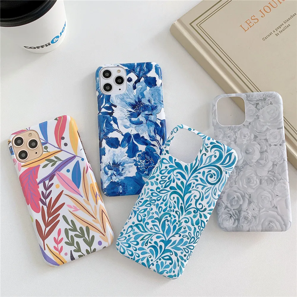 Glossy Flowers Phone Case for iPhone 11 Pro Max XR X XS MAX Hard PC Shiny Luxury Blue 6s 7 8 Plus Covers Fashion | Мобильные