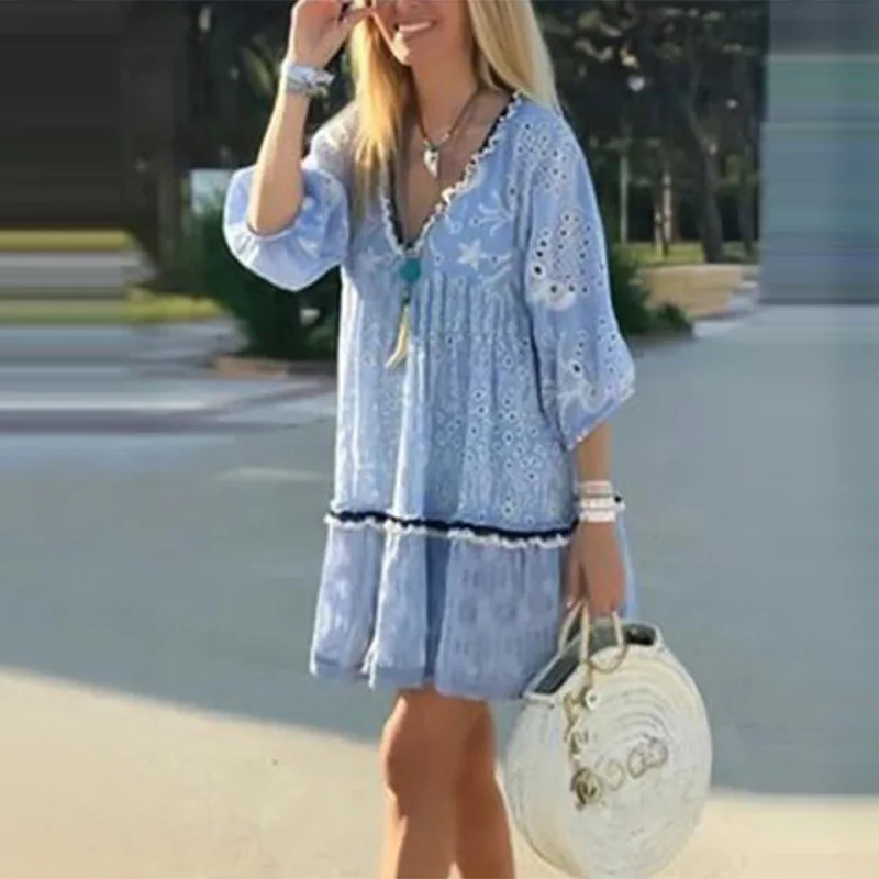 

Western Style WOMEN'S Dress 2019 Autumn New Style Joint V-neck Three-quarter-length Sleeve Frill Casual Dress