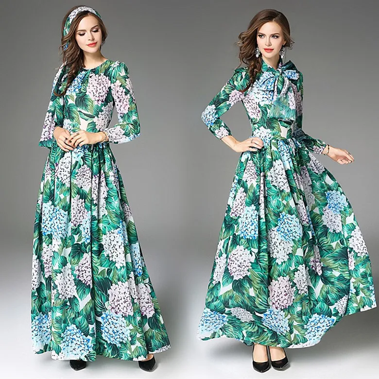 

New Runway Hydrangea Floral Fall Dress Women Green Leaves Flower Print Buttons Ankle-Length Pleated Chiffon Dresses Vestidos