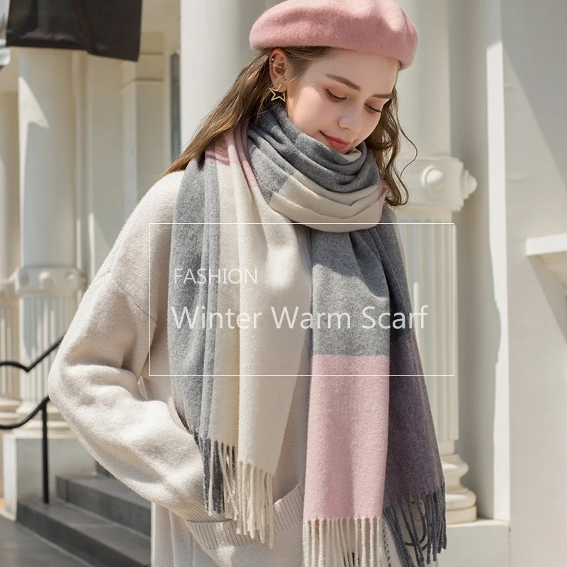 Pink Plaid Wool Scarf Women Warm Thicken Neck Scarf Shawls and Wraps Pashmina Foulard Femme Winter Scarves for Ladies Echarpe