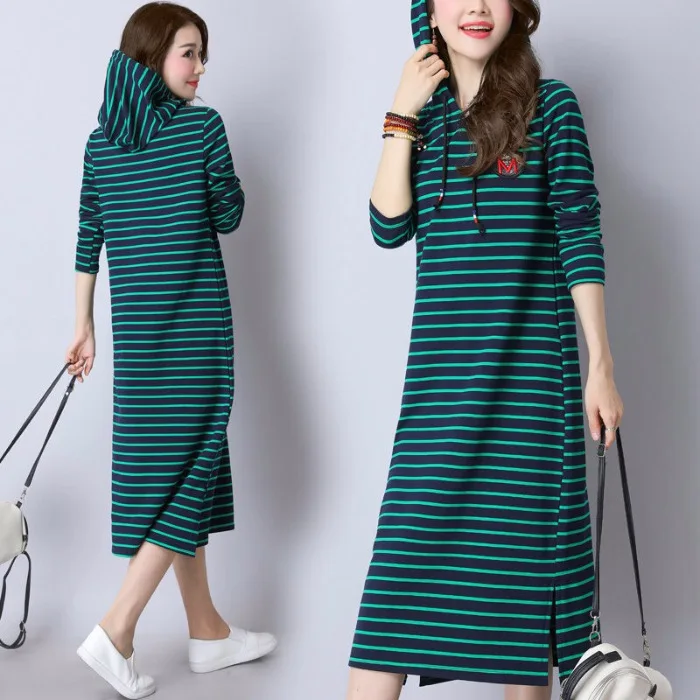 

Autumn & Winter New Style WOMEN'S Dress Spring Stripes Long-sleeved Dress Long Large Size Hooded Base Skirt
