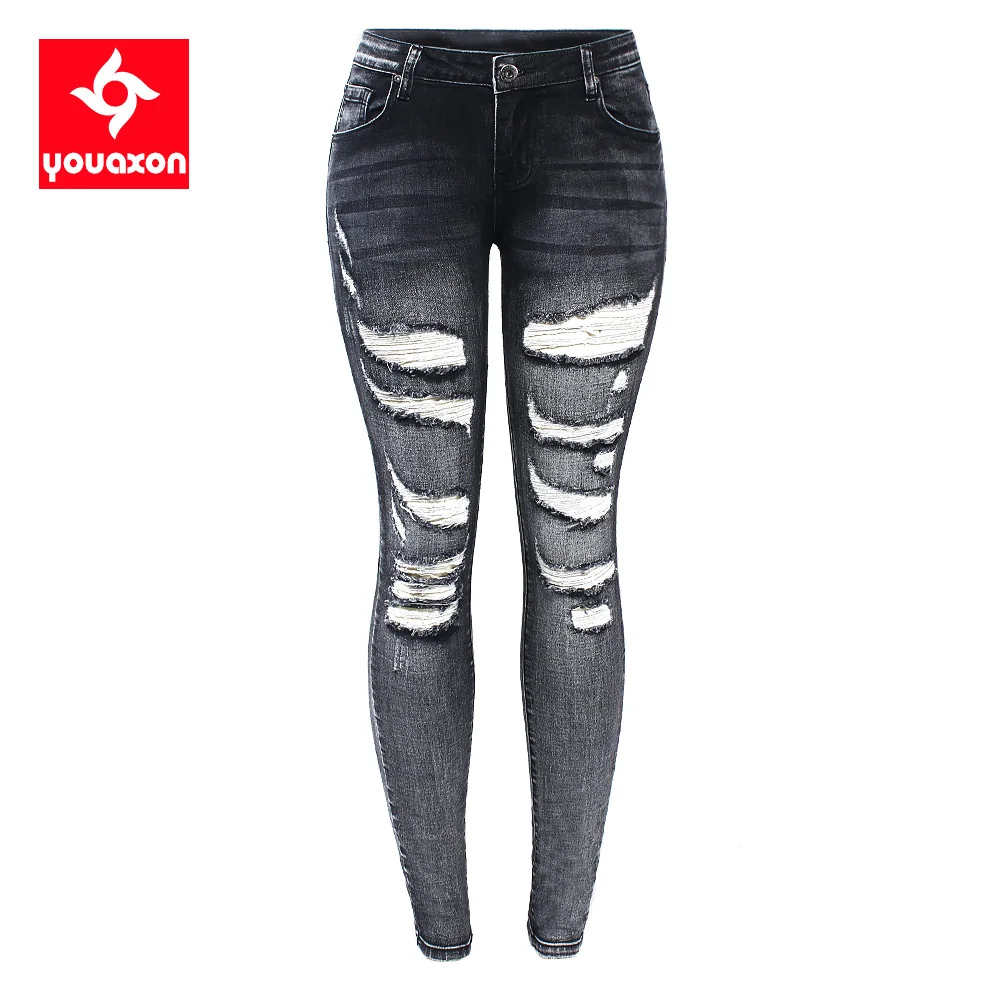 2230 Youaxon Black Low Waist Ripped Jeans Women`s Hot Stretchy