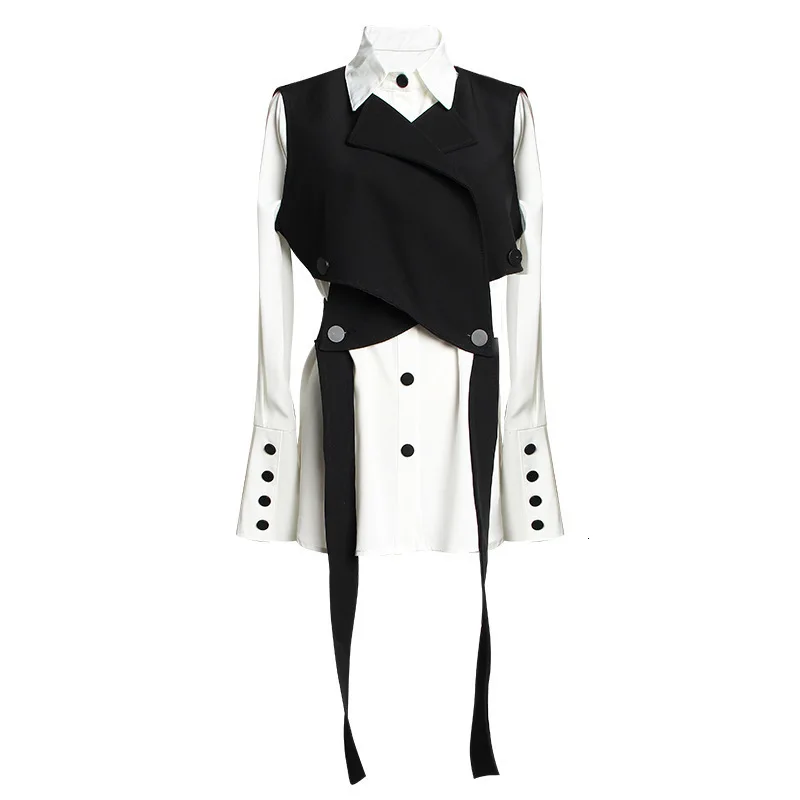 [EAM] женский черный бандажный жилет, блузка из двух частей, новая свободная рубашка с отворотом и длинным рукавом, модная весенняя Осенняя JR675 - Цвет: shirt vest