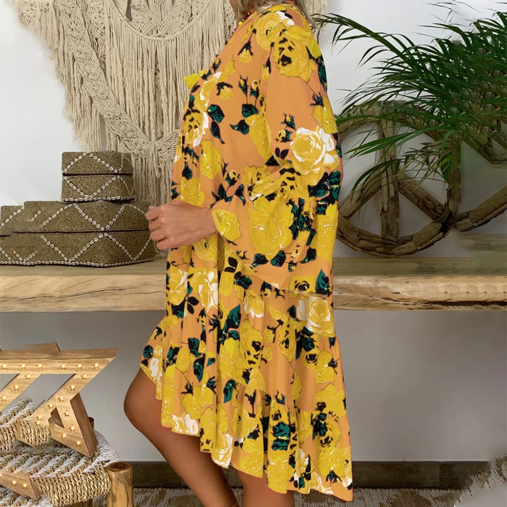 Litthing, Boho, цветочные, с длинным рукавом, короткие платья для женщин, весна-лето, с цветочным принтом, пляжные, свободные платья, женское богемное мини-платье