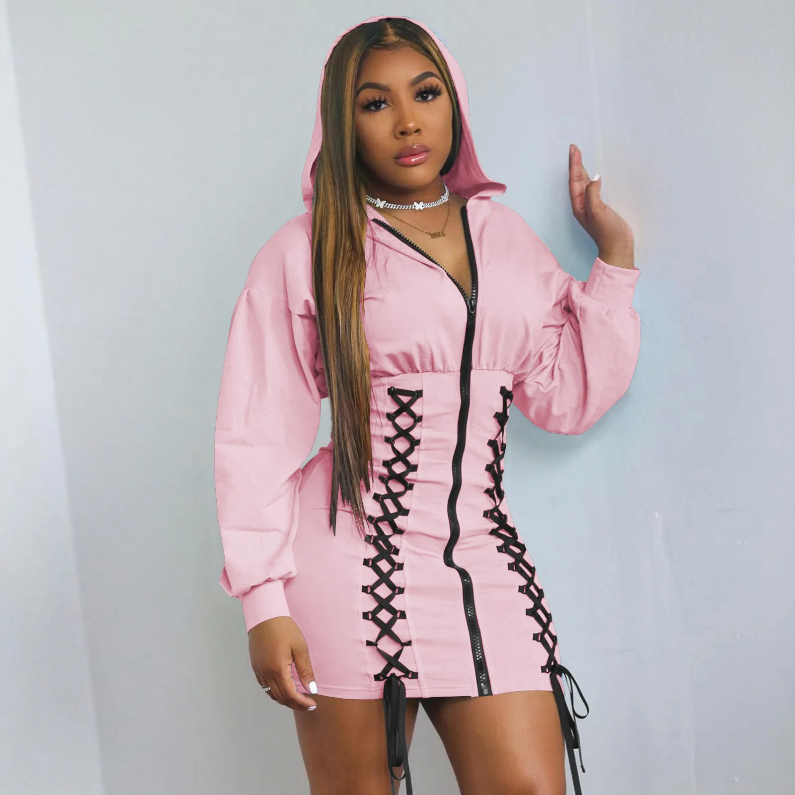 Осеннее Бандажное мини-платье на молнии с длинным рукавом женские повседневные