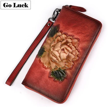 

GO-LUCK Brand Genuine Leather Women Cell Phone Pouch Card Case Wristlet Wallet Women's Clutch Bag Ladies Cardholder Purse
