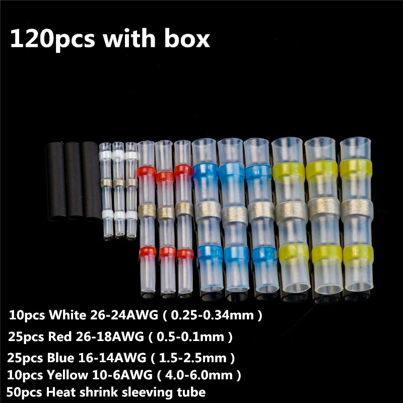 120pcs with box 100 шт. водонепроницаемый припой уплотнение термоусадочный рукав провода стыковые клеммы Разъемы 26-10 AWG изолированные термоусадочные трубки - Цвет: 120pcs with box