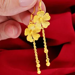 24k Yellow Gold Flower Long Tassel Shape Drop Earrings for Women Bride Female Wedding Engagement Fine Gold Jewelry Earring Gift