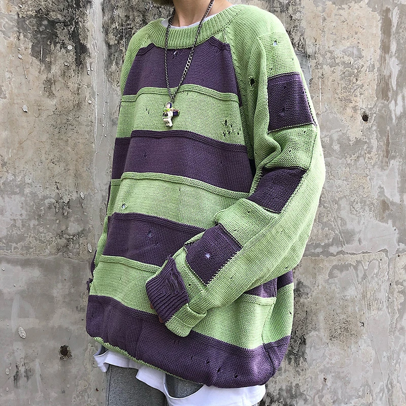 Winter Sweater Men Warm Fashion Contrast Color Casual Knit Sweaters Man Sweter Clothes Loose Striped Hole Pullover Men