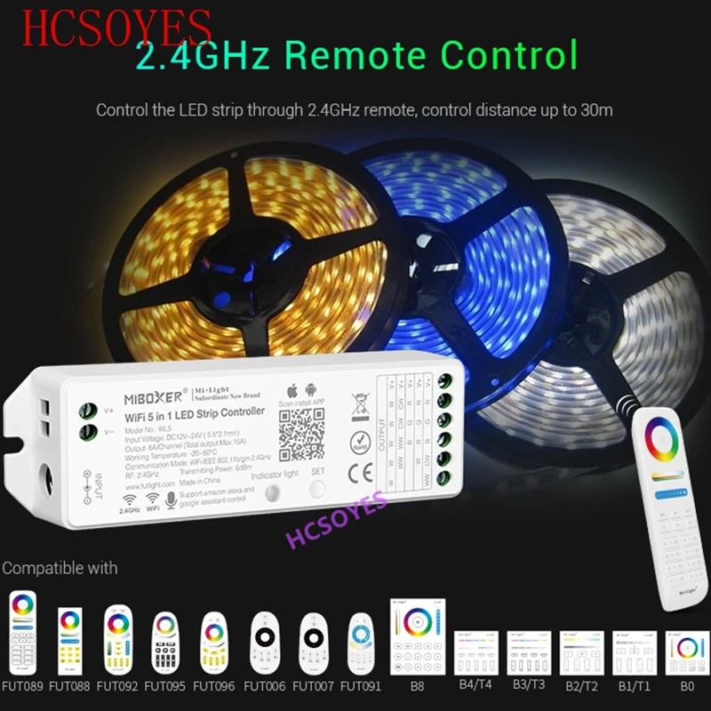 Miboxer WL5 2,4G 15A 5 в 1 WiFi светодиодный контроллер для одного цвета, CCT, RGB, RGBW, RGB+ CCT светодиодный полосы, поддержка Amazon Alexa Voice