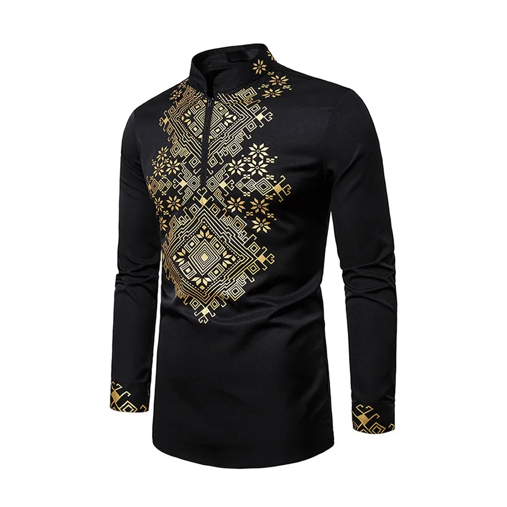 Opslea Dashiki африканская Мужская рубашка с воротником-стойкой и принтом, средняя длинная рубашка, осенняя Новая африканская Молодежная мужская рубашка с вырезом на молнии