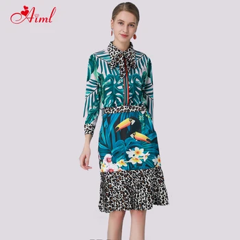 

Designer Women 2 Piece Set Spring Summer Floral Print Bow Long Sleeve Blouse + Leopard Fashion Pleated Skirts New Costume