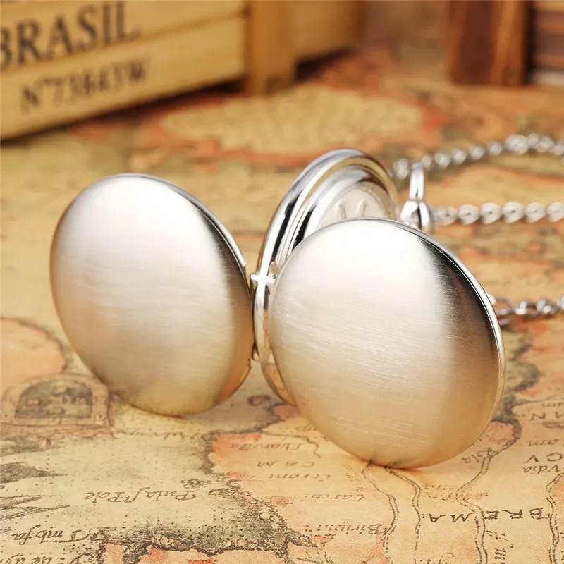 Silver Pocket Watch Smooth  Double Open Hunter Unisex Hand-winding Mechanical Pendant Watches Roman Number FOB Chain Gift
