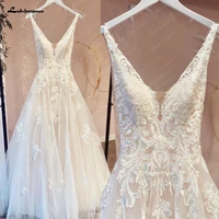 Lakshmigown Floral Appliques Wedding Dresses V Neck Backless A-Line Court Train Tulle Bridal Gowns Robe Mariee Customized 1