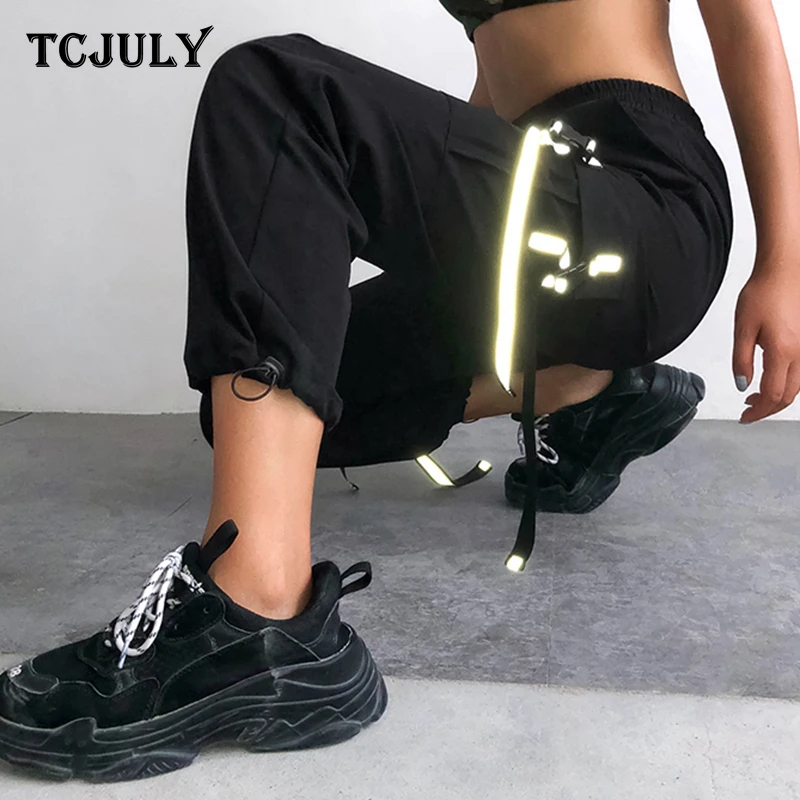 TCJULY осень новые модные черные брюки карго светоотражающие ленты Лоскутные Брюки женские уличные тонкие брюки с высокой талией