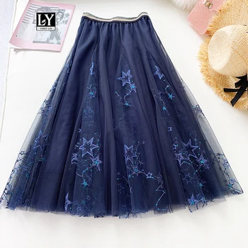 

Ly Varey Lin Women Summer Elegant Embroidery Sequins Long Tulle Skirts Female High Waist Slim Black Fairy Skirt